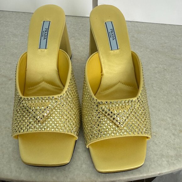 Prada Satin Crystal 1XX642 Ananas Yellow Slide Heel Mules Sandals, 36 & 38 - Picture 11 of 14